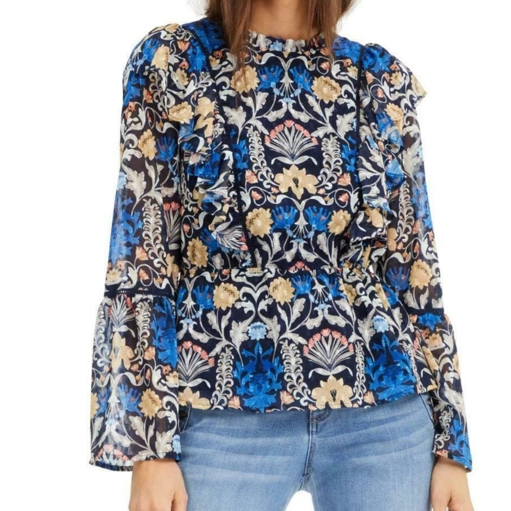 INC International Concepts Blue and Cream Floral Blouse